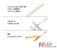 Pásek LED, 60x2835SMD, 12V, 4,8W/m, PW (neutrální bílá)