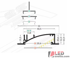 Profil hliníkový W31 FLAT H/UX, černý elox, 53x10,6x2000mm, 15-25W/m